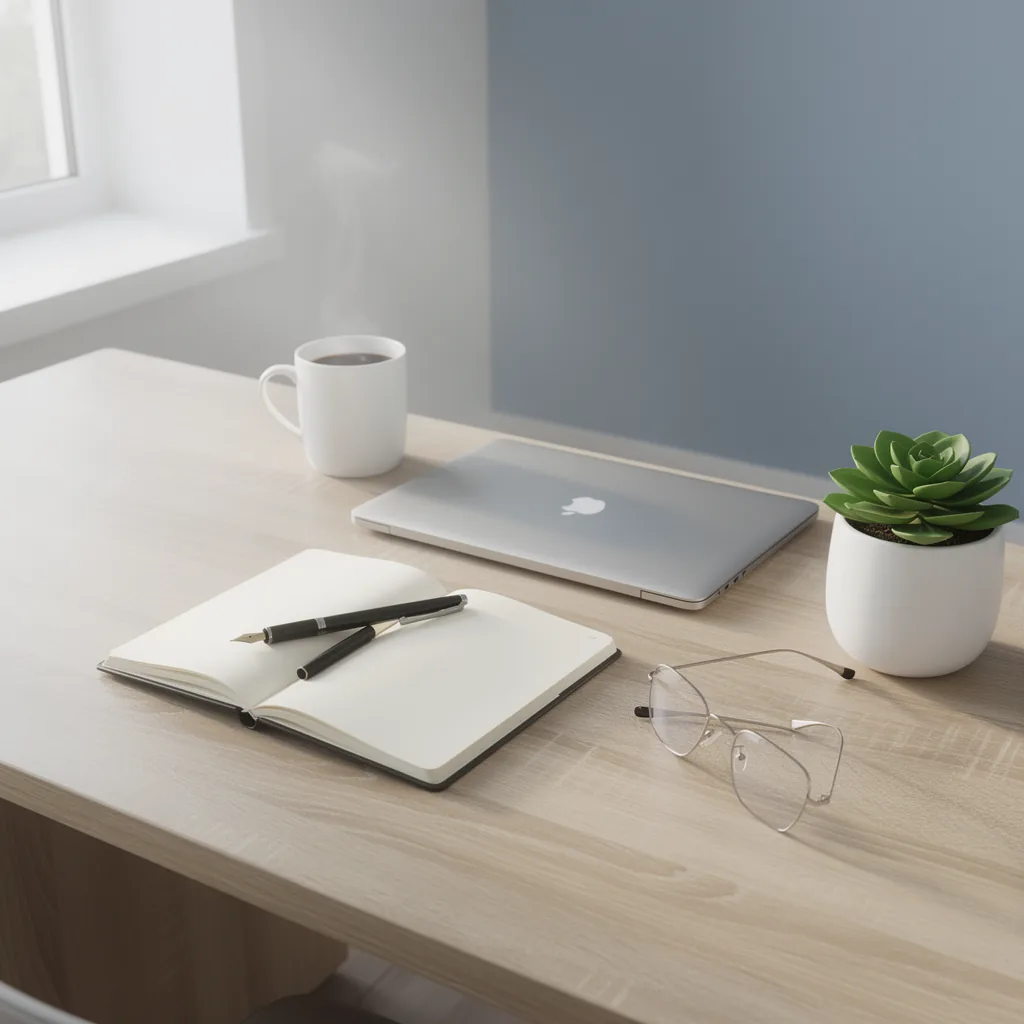 Heller moderner Schreibtisch mit Notizbuch, Kaffeetasse, Laptop und Sukkulent am Fenster