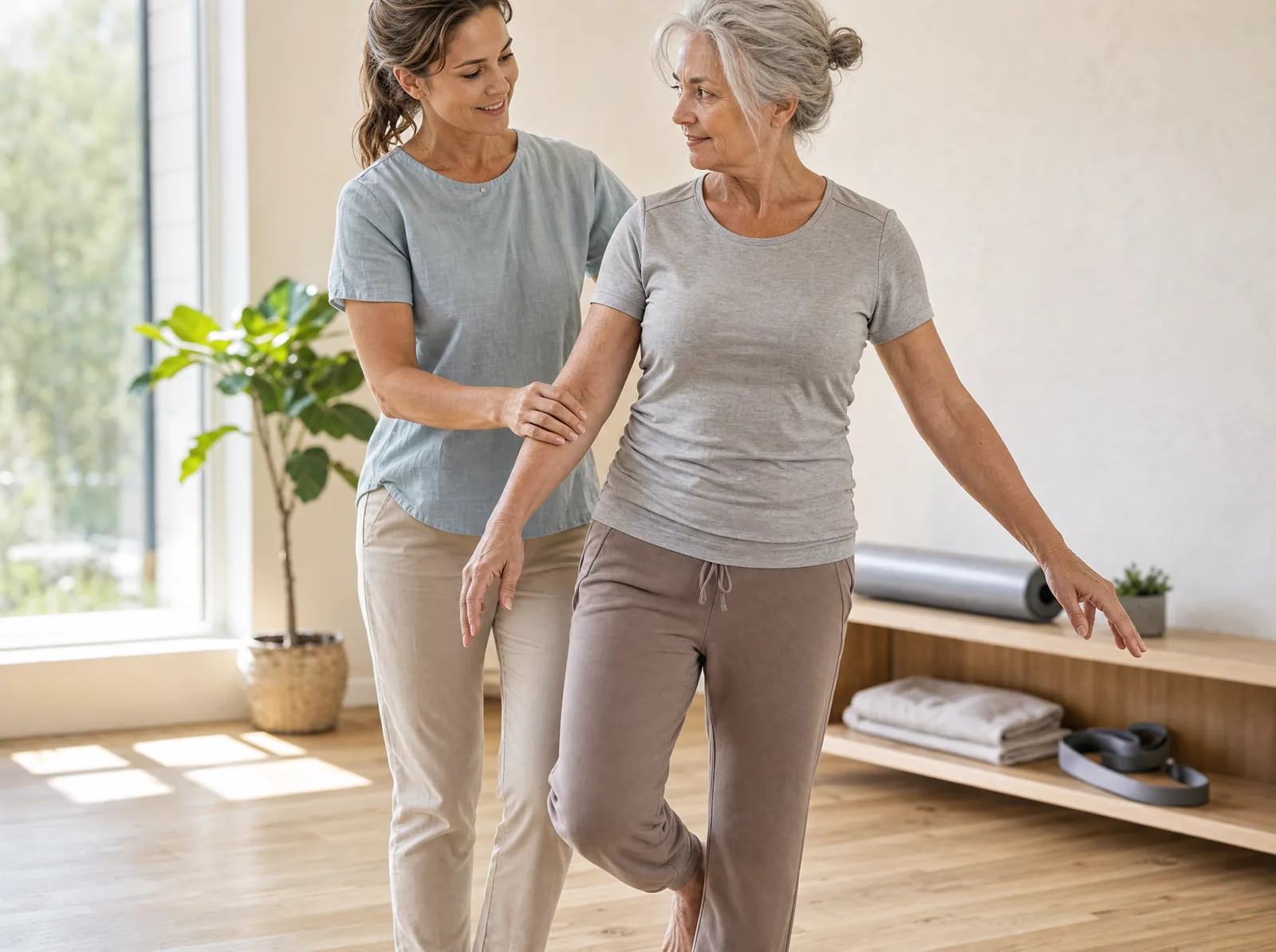 Vitale Seniorin mit Physiotherapeutin bei Gleichgewichtsübung in hellem Praxisraum