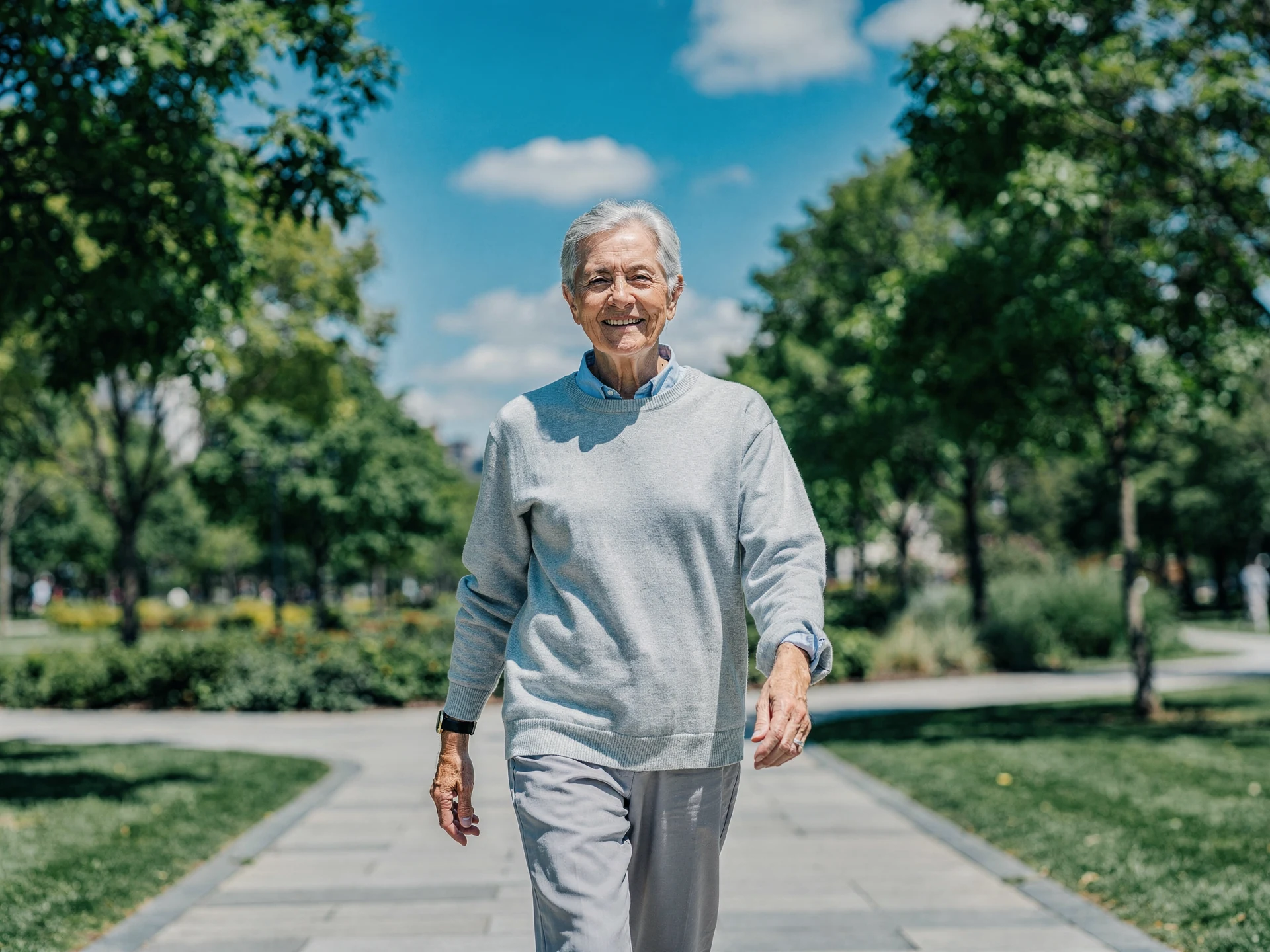 Vitaler Senior beim Spaziergang im hellen Park, Bewegung als Therapie