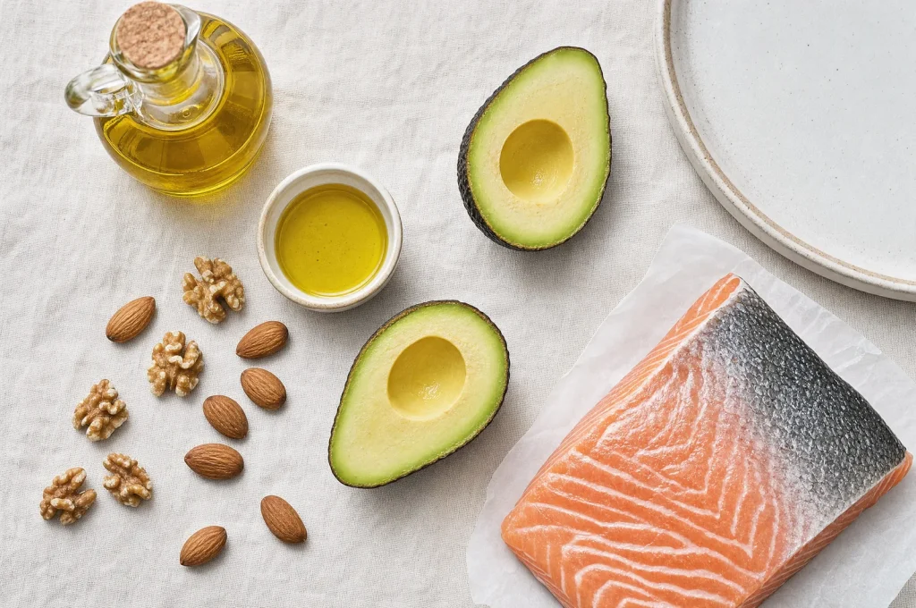 Omega-3-reiche Lebensmittel wie Lachs, Leinsamen und Walnüsse