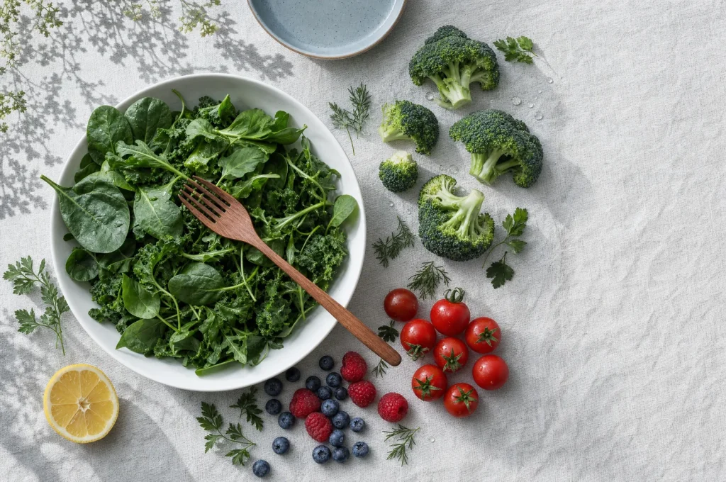Frische bittere Kräuter und Gemüse als Teil einer ausgewogenen Ernährung