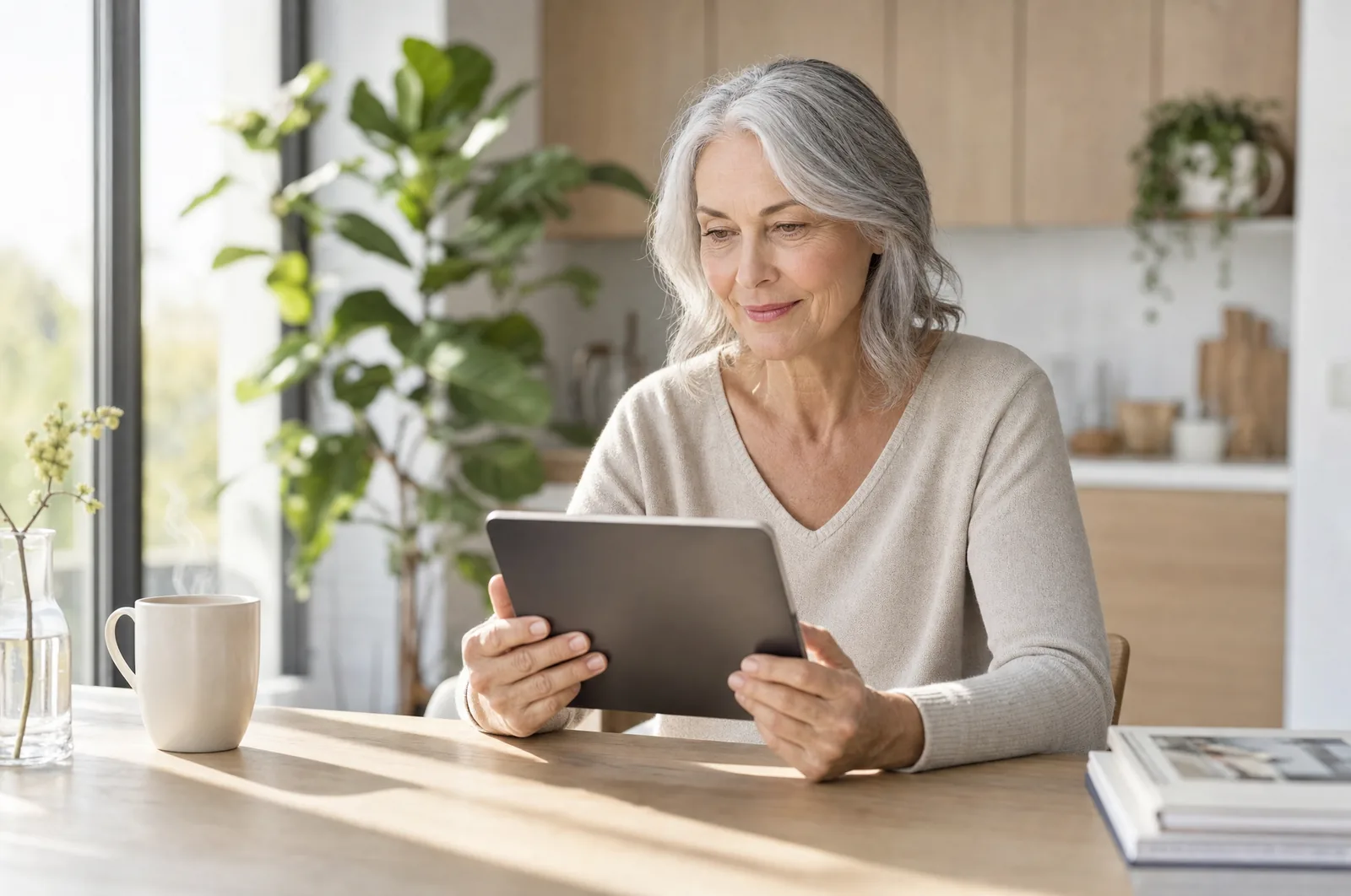 Vitale Seniorin mit Tablet am hellen Küchentisch, fokussiert und aufmerksam