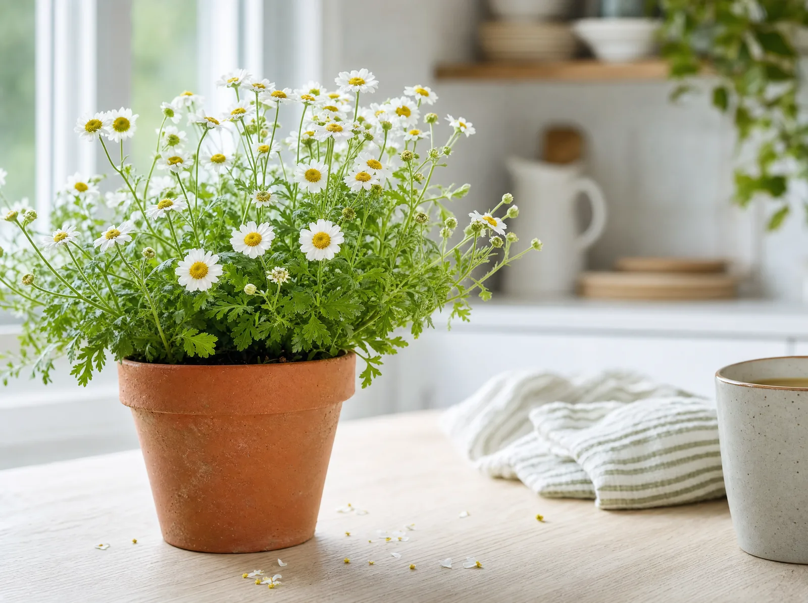 Mutterkraut: weiße Blüten und Knospen in heller Atmosphäre